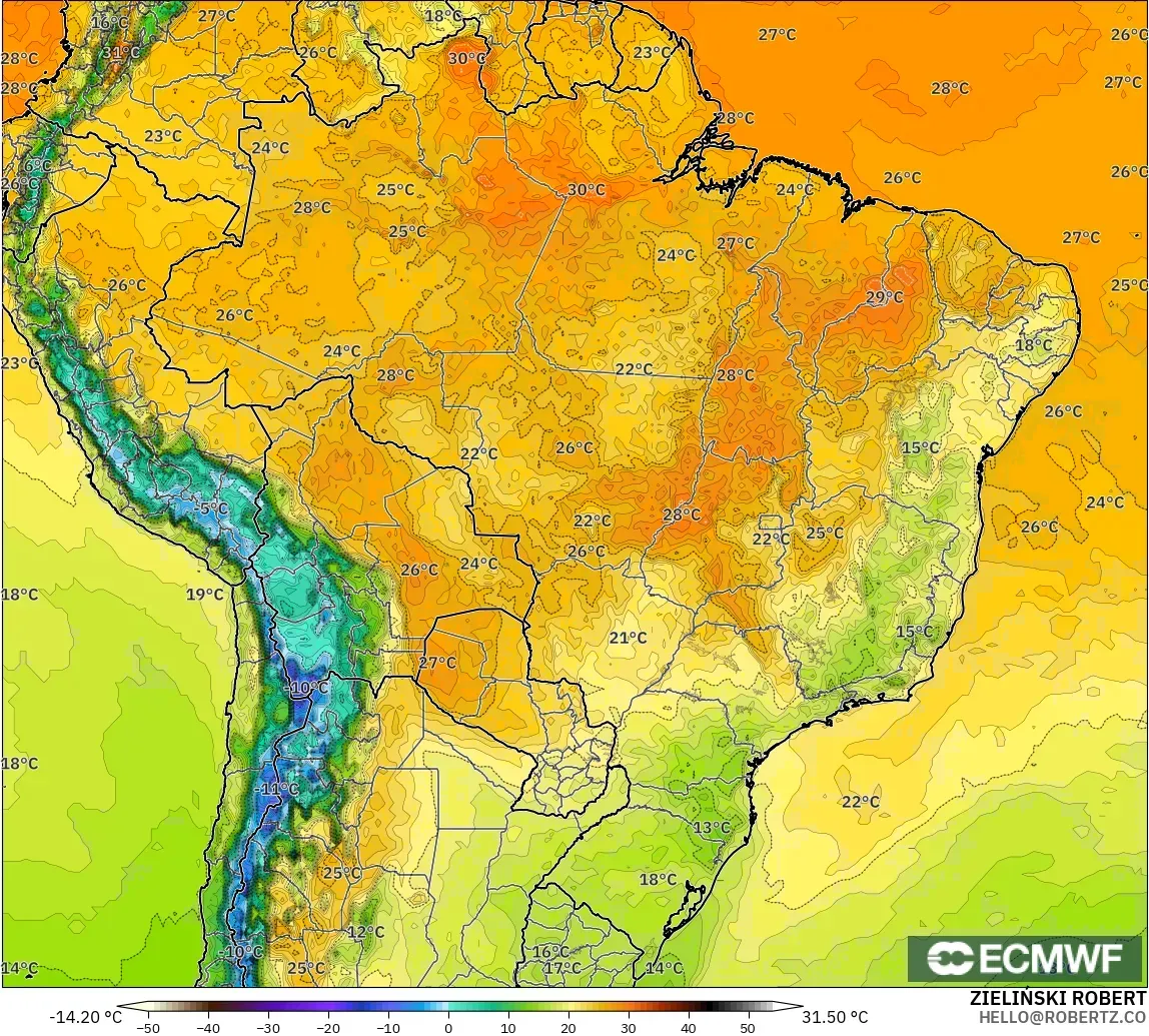 ECMWF IFS 0,25° modelo - Brasil, Temperatura a 2 m