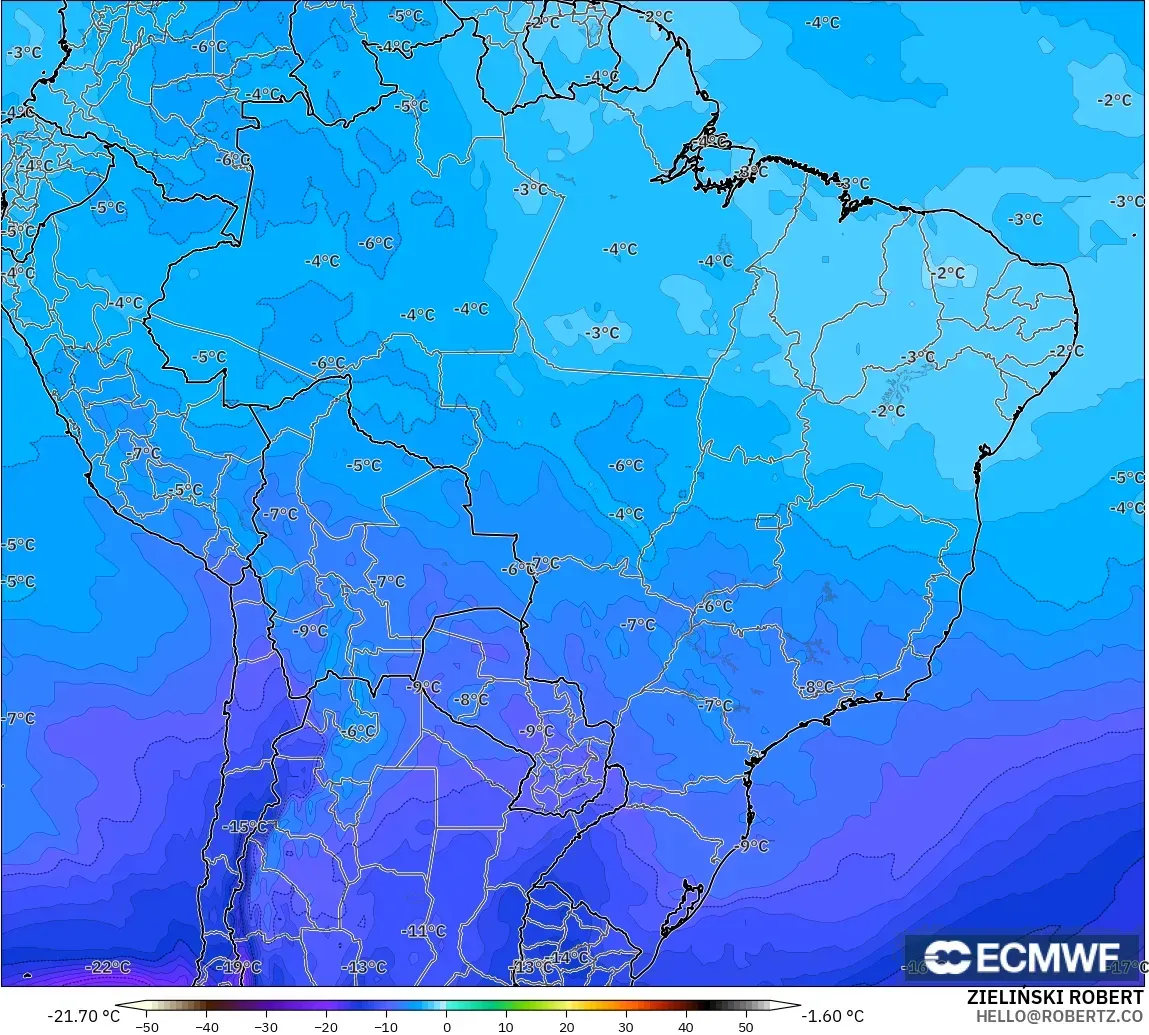 ECMWF IFS 0,25° modelo - Brasil, Temperatura a 500 hPa