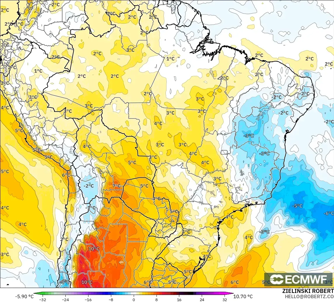 ECMWF IFS 0,25° modelo - Brasil, Anomalia de temperatura a 850 hPa