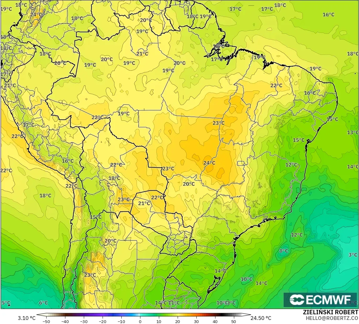 ECMWF IFS 0,25° modelo - Brasil, Temperatura a 850 hPa