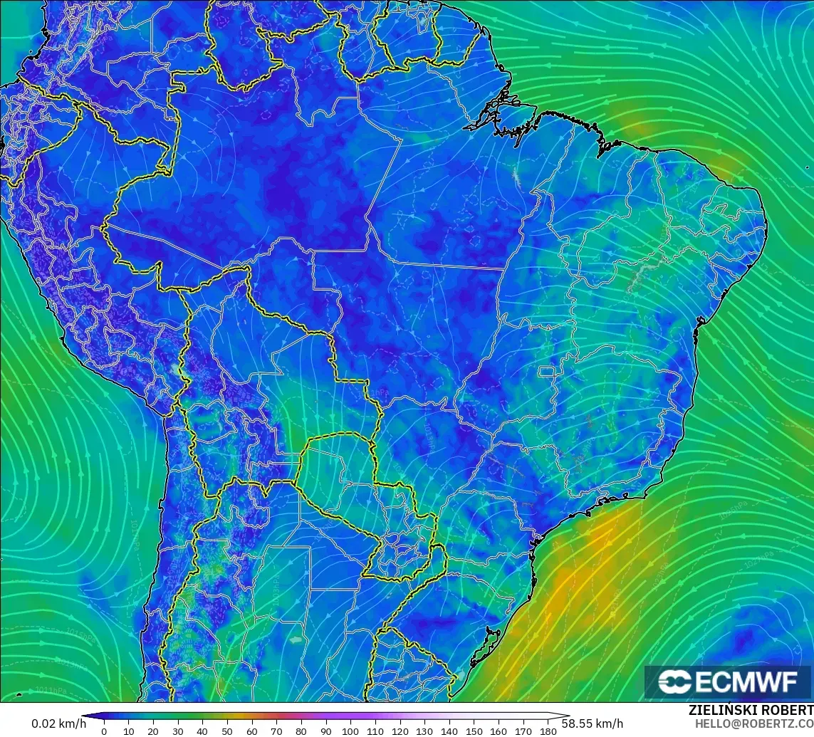 ECMWF IFS 0,25° modelo - Brasil, Vento a 10 m