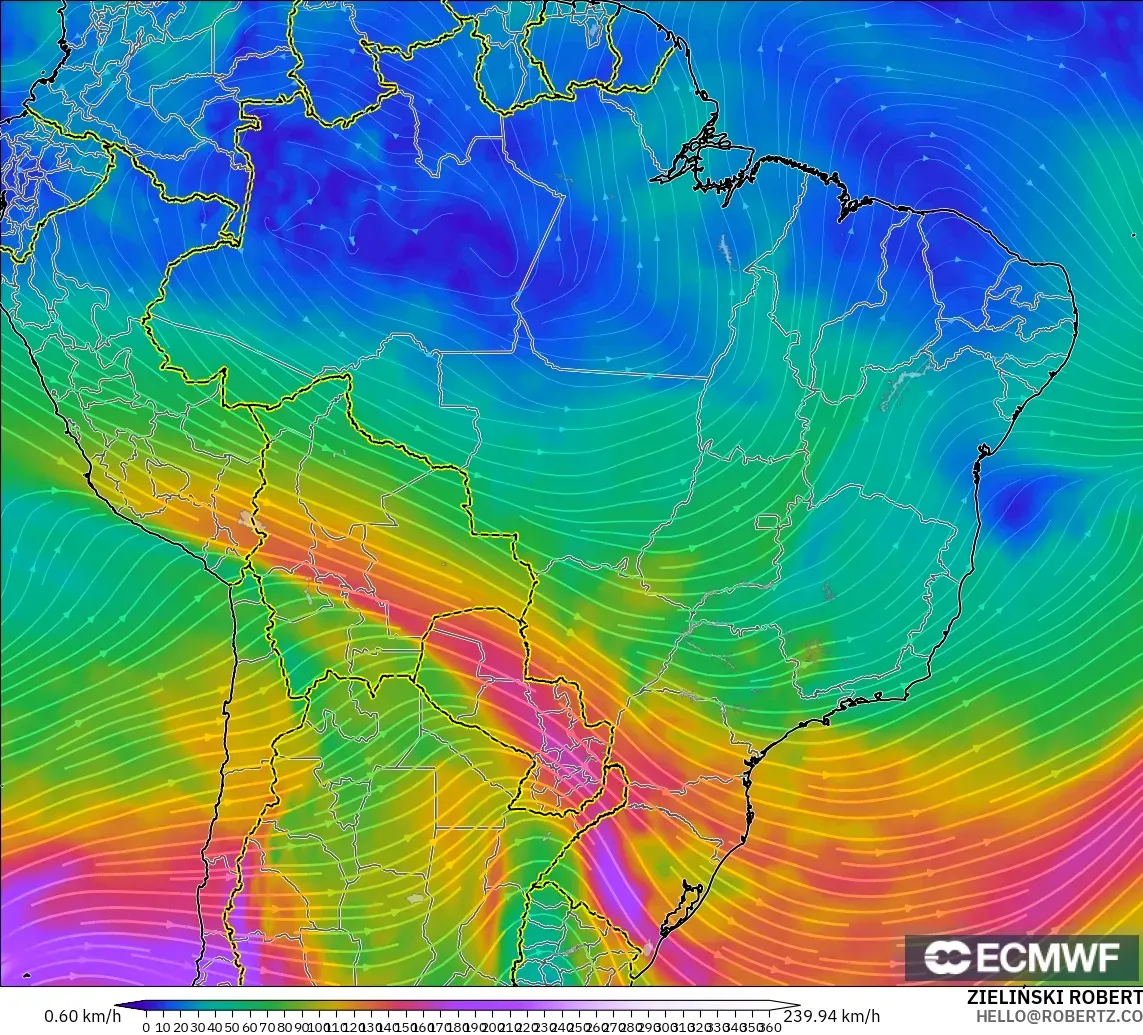 ECMWF IFS 0,25° modelo - Brasil, Vento a 300 hPa (corrente em jato)