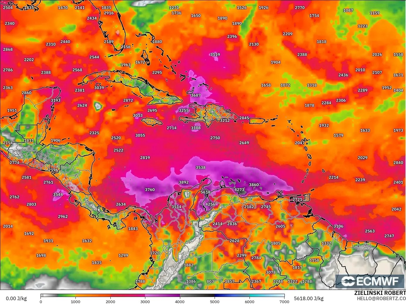 ECMWF IFS 0,25° modelo - Caribe, CAPE