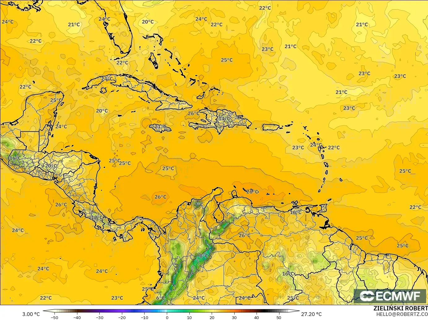ECMWF IFS 0,25° modelo - Caribe, Ponto de orvalho a 2 m