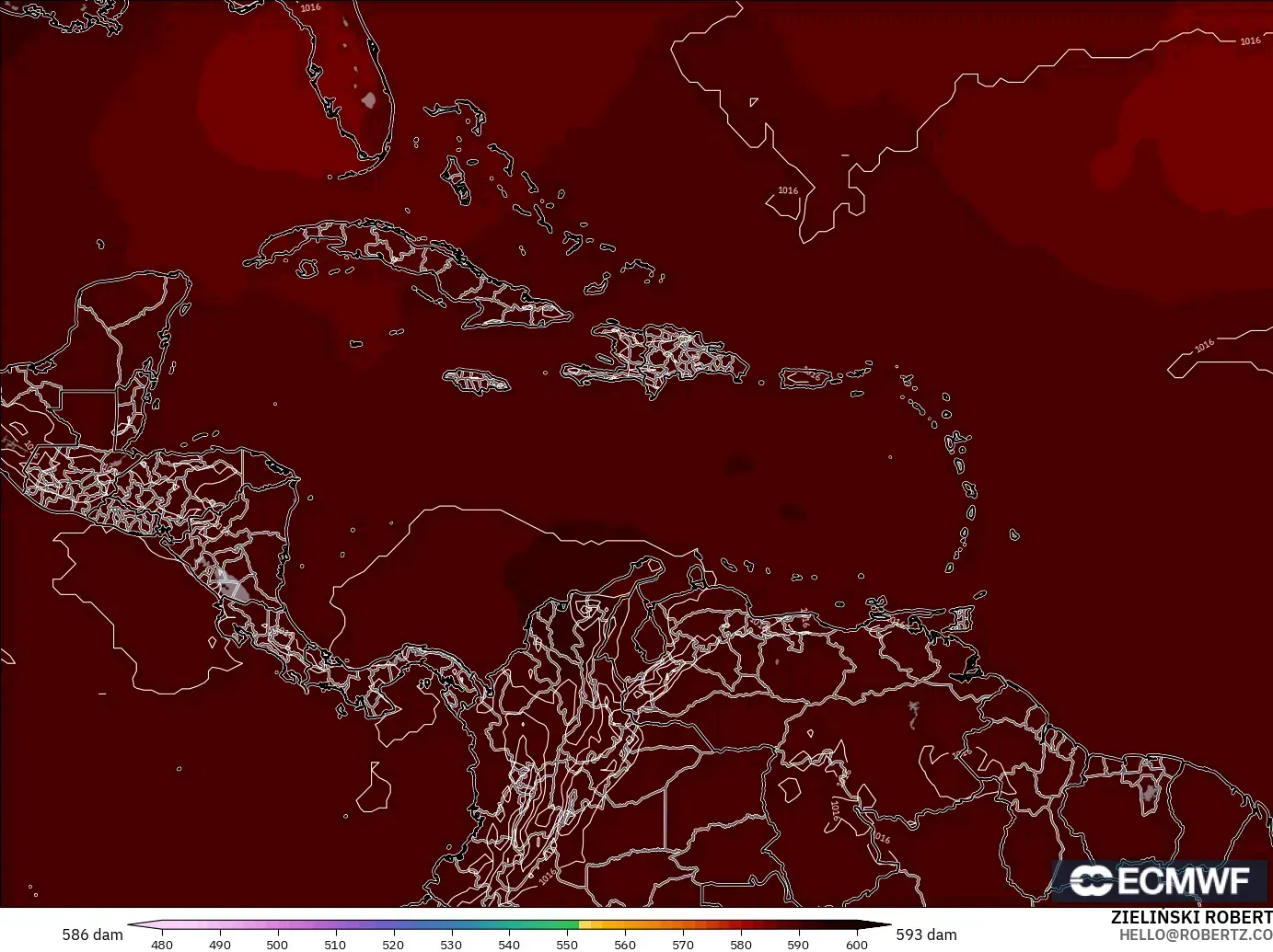 ECMWF IFS 0,25° modelo - Caribe, Altura geopotencial a 500 hPa