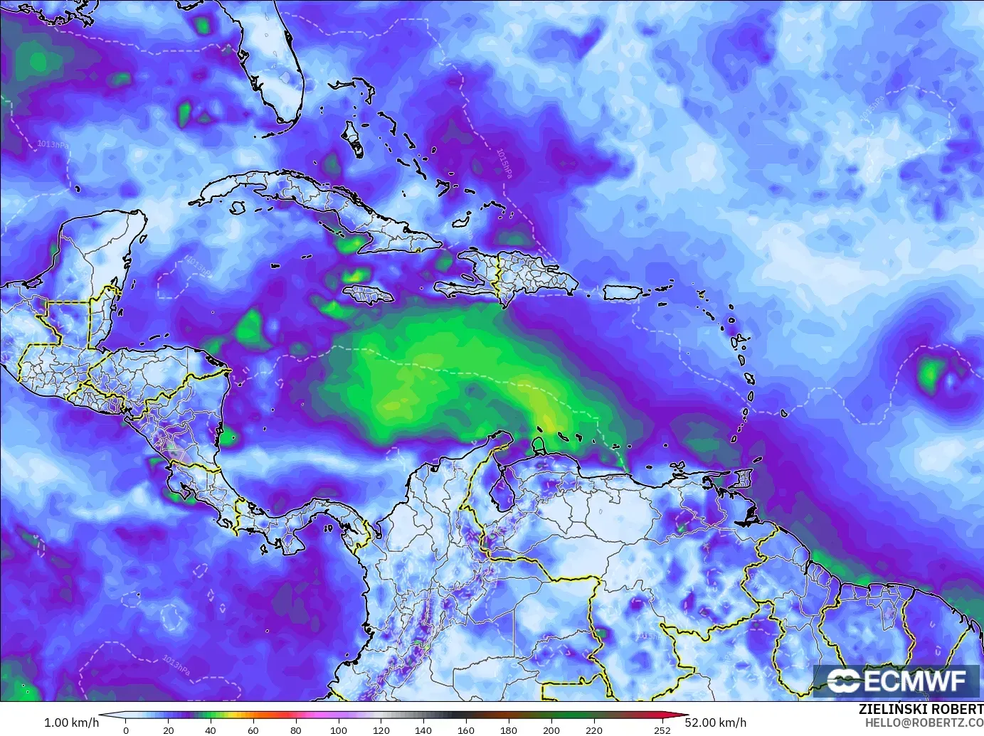 ECMWF IFS 0,25° modelo - Caribe, Rajadas de Vento Máximas