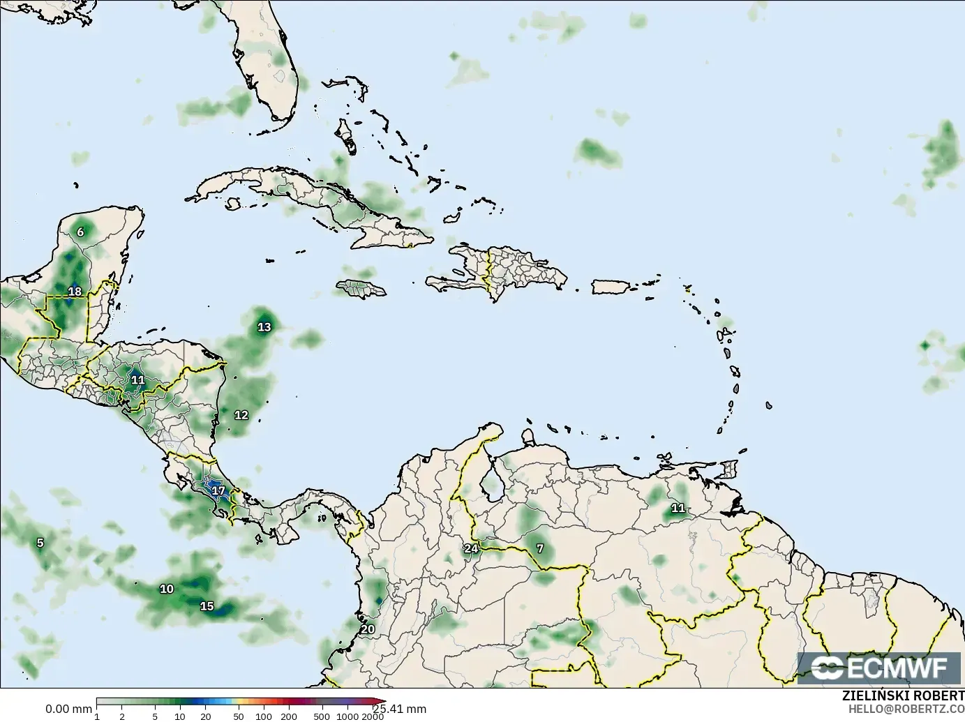 ECMWF IFS 0,25° modelo - Caribe, Acúmulo de precipitação