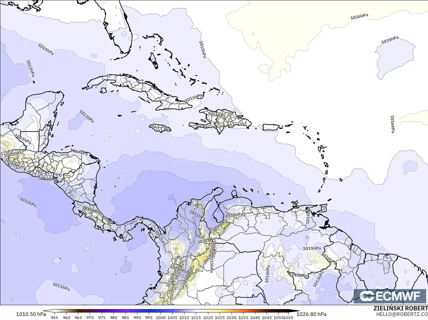 ECMWF IFS 0,25° modelo - Caribe, Pressão
