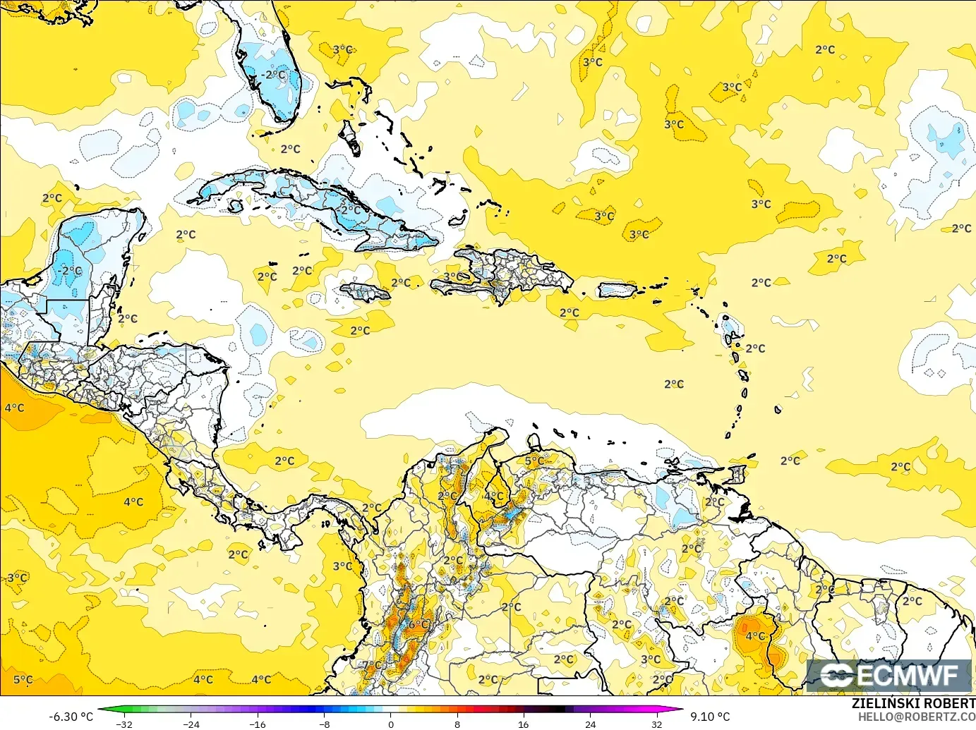 ECMWF IFS 0,25° modelo - Caribe, Anomalia de temperatura a 2 m