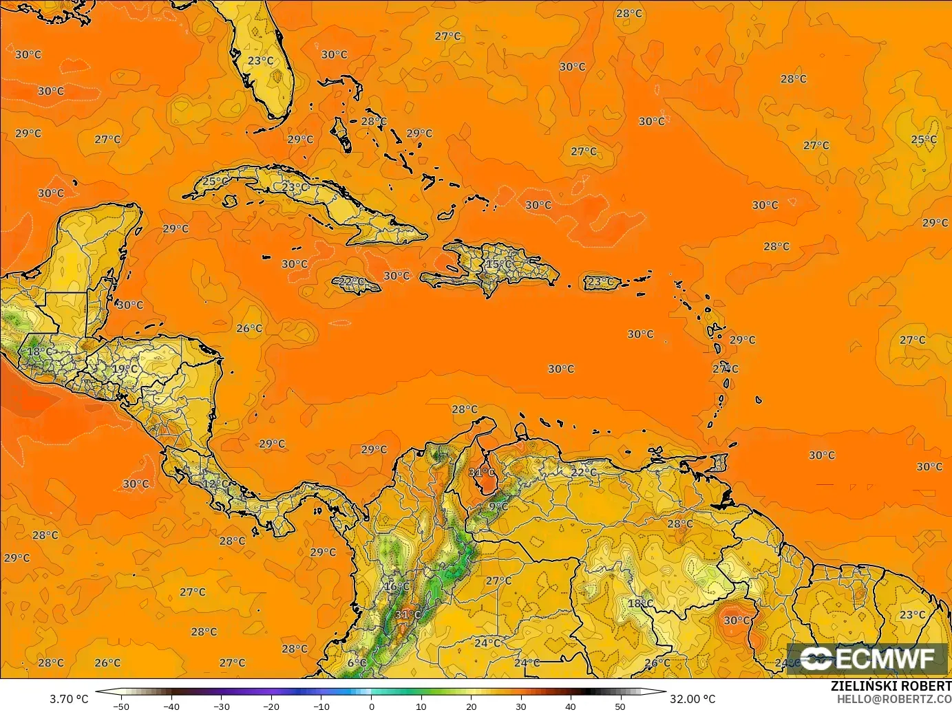 ECMWF IFS 0,25° modelo - Caribe, Temperatura a 2 m