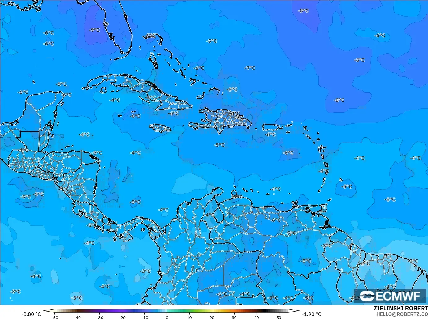 ECMWF IFS 0,25° modelo - Caribe, Temperatura a 500 hPa