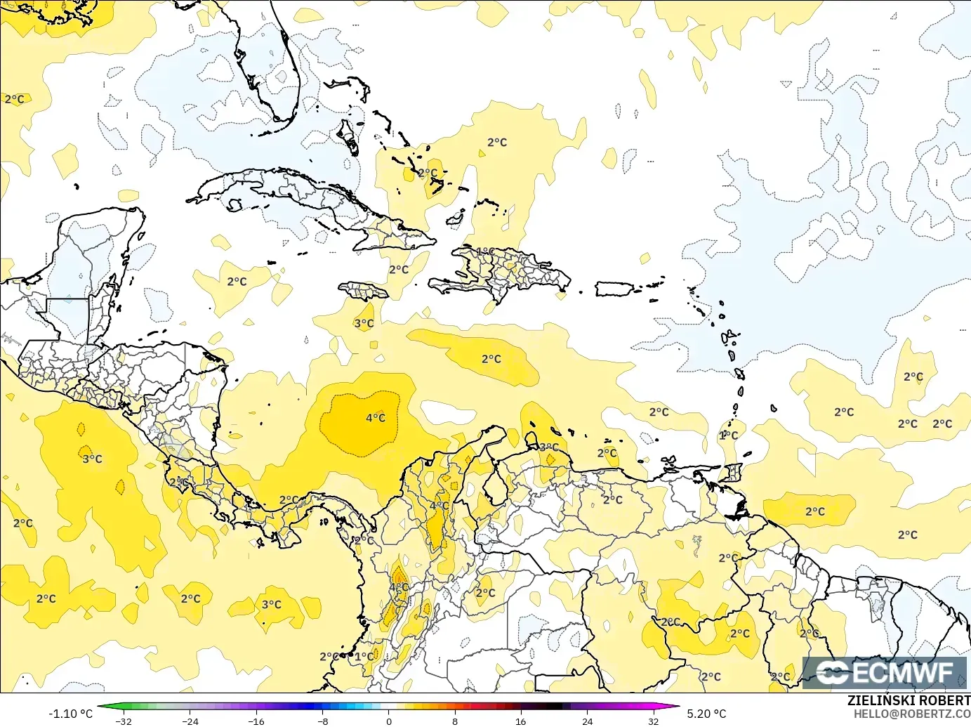 ECMWF IFS 0,25° modelo - Caribe, Anomalia de temperatura a 850 hPa
