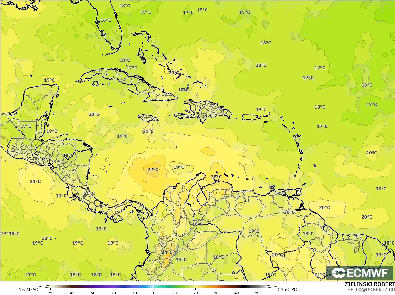 ECMWF IFS 0,25° modelo - Caribe, Temperatura a 850 hPa