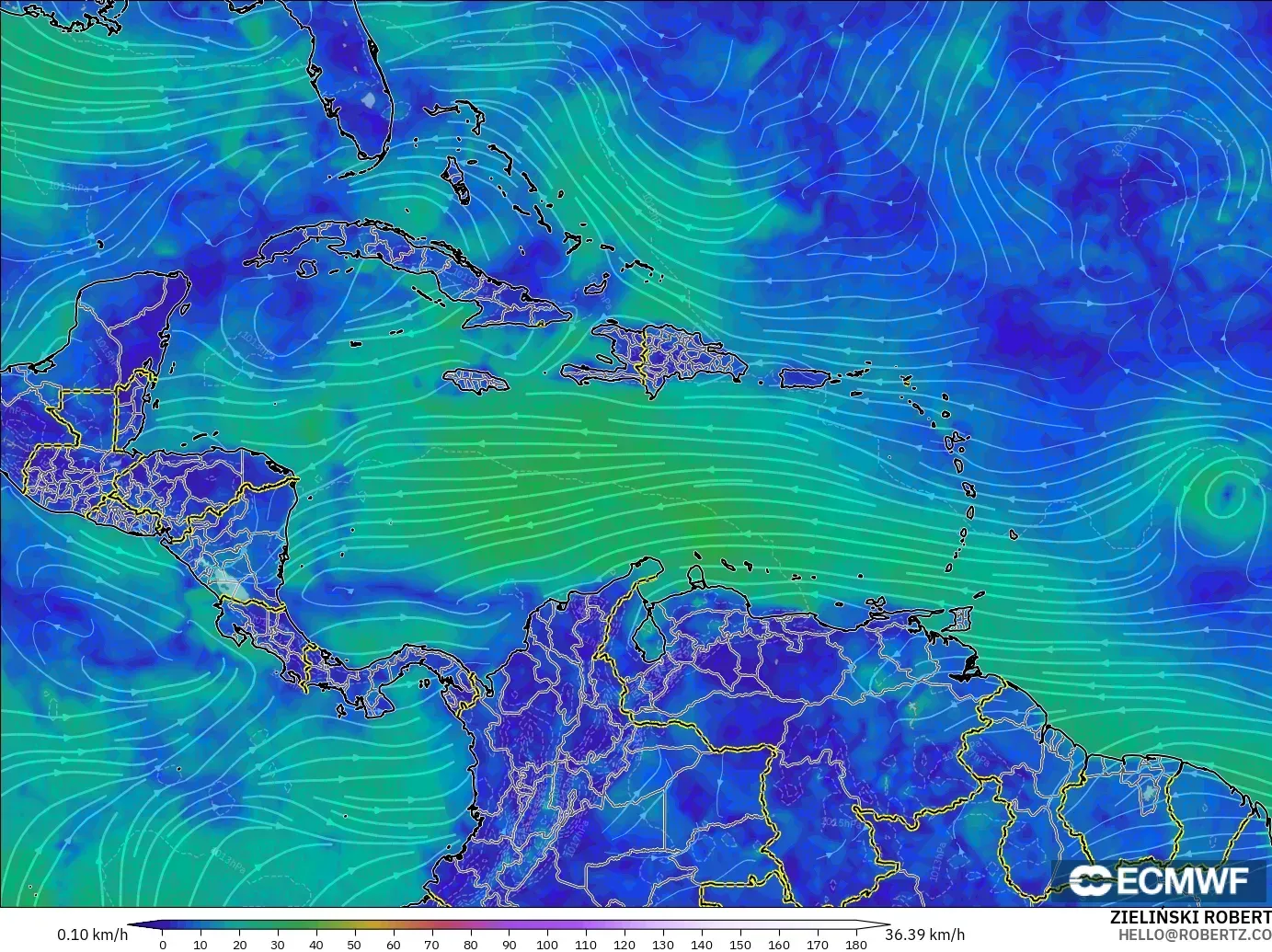 ECMWF IFS 0,25° modelo - Caribe, Vento a 10 m