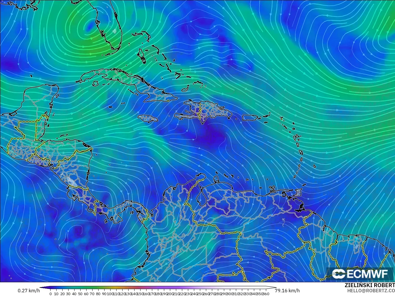 ECMWF IFS 0,25° modelo - Caribe, Vento a 300 hPa (corrente em jato)