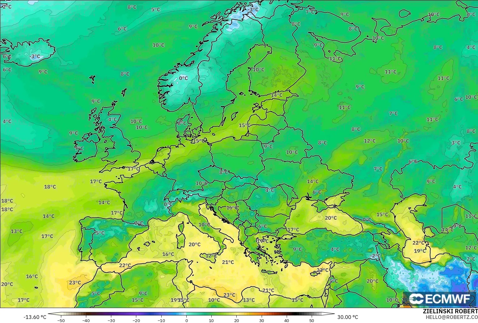 ECMWF IFS 0,25° modelo - Europa, Ponto de orvalho a 2 m