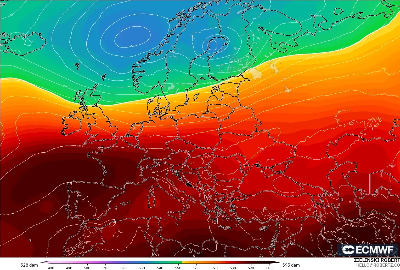 ECMWF IFS 0,25° modelo - Europa, Altura geopotencial a 500 hPa