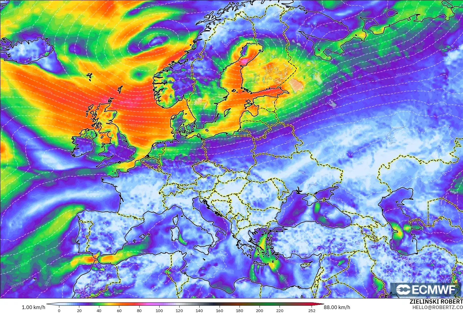 ECMWF IFS 0,25° modelo - Europa, Rajadas de Vento Máximas