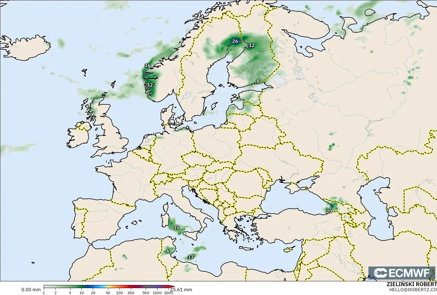 ECMWF IFS 0,25° modelo - Europa, Acúmulo de precipitação