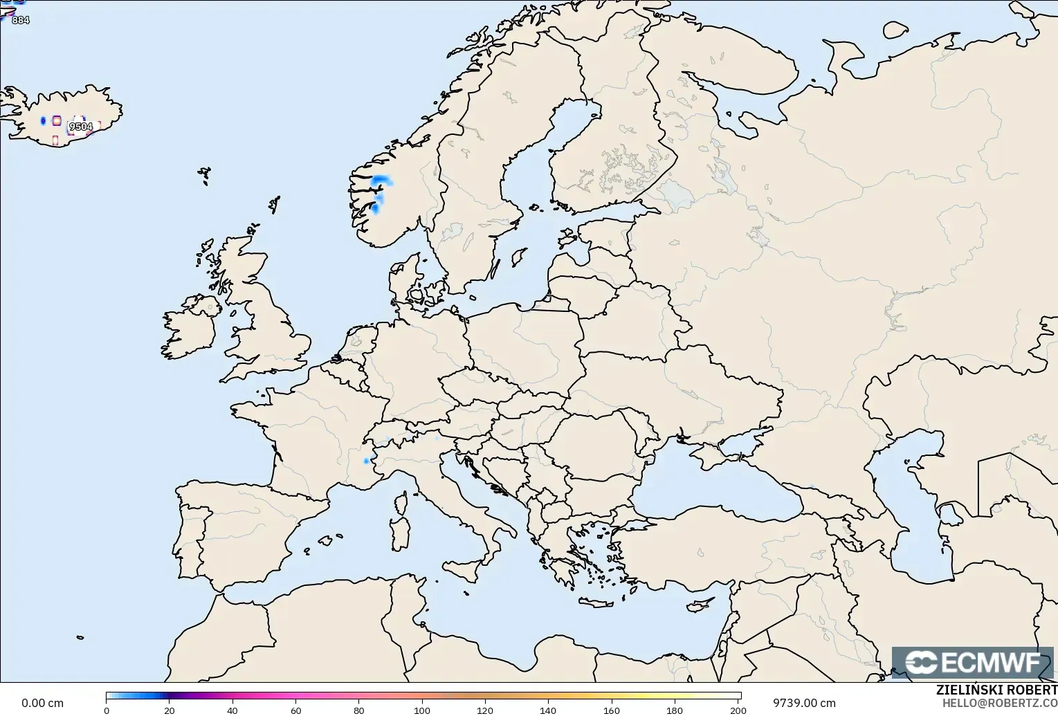 ECMWF IFS 0,25° modelo - Europa, Profundidade da neve