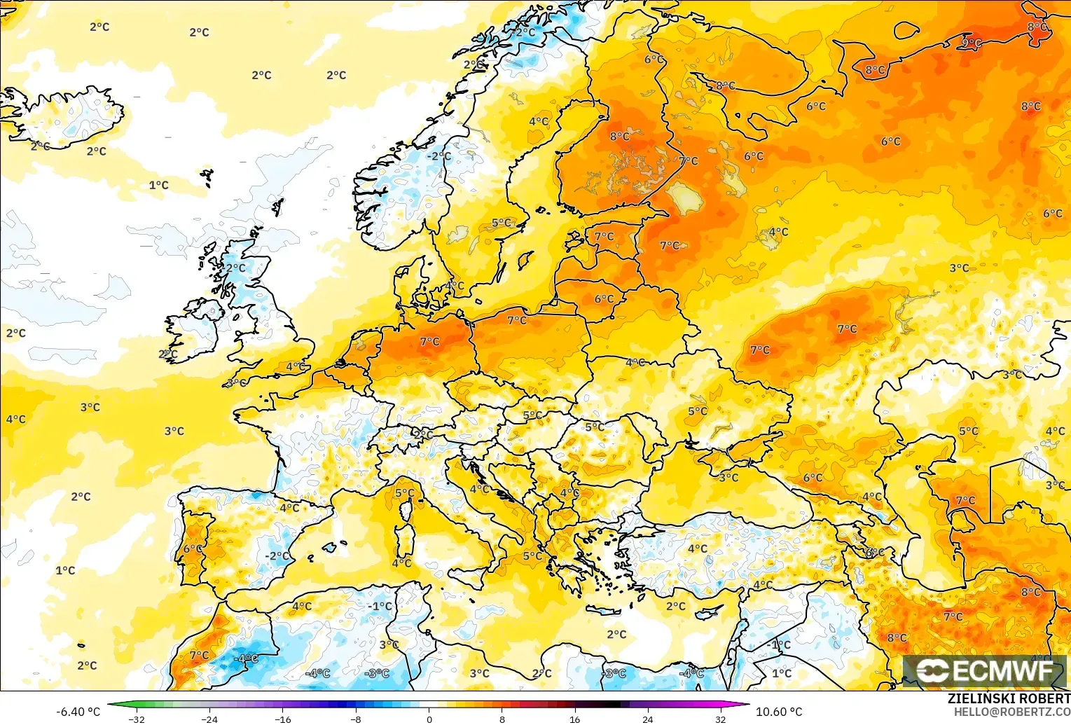 ECMWF IFS 0,25° modelo - Europa, Anomalia de temperatura a 2 m