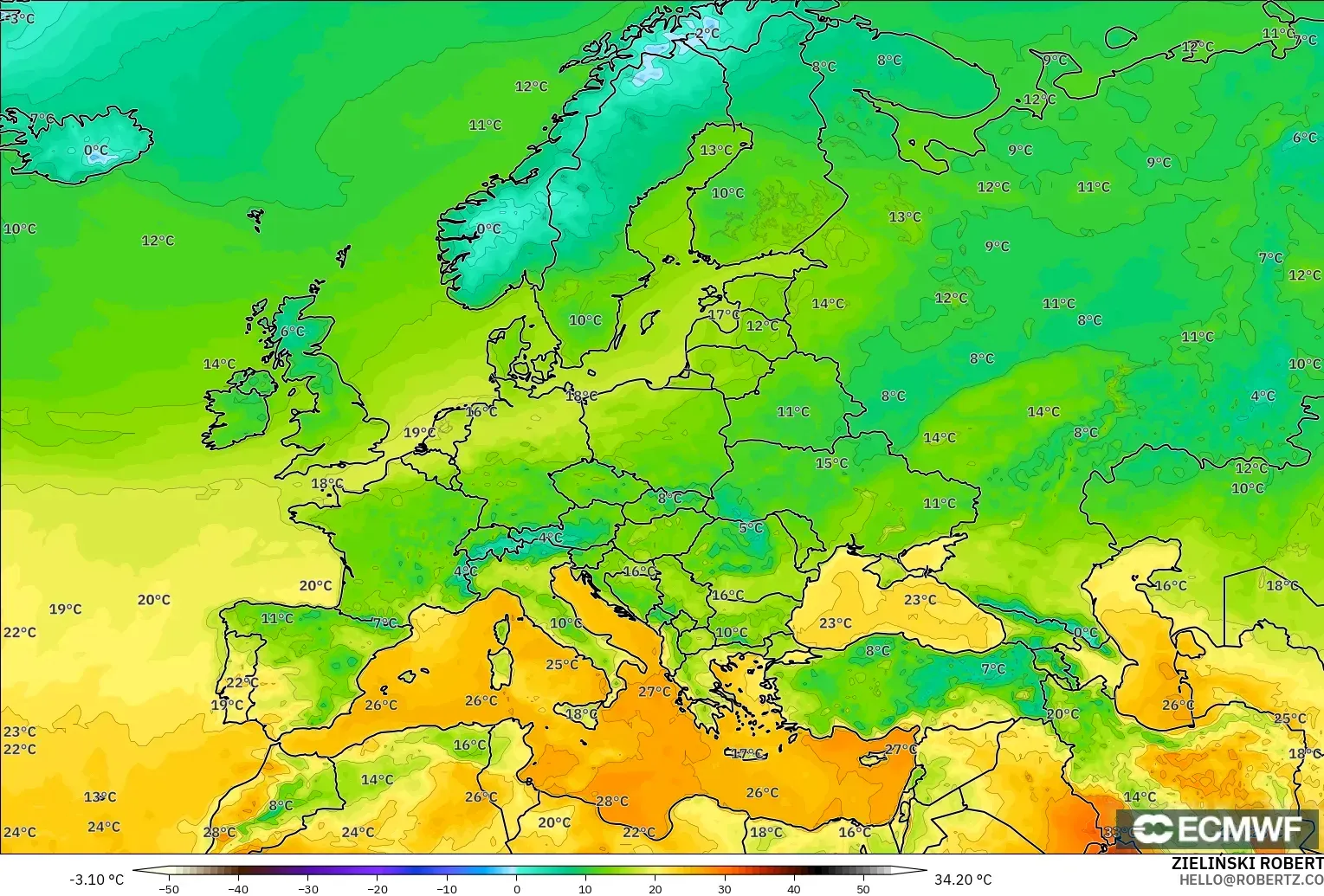 ECMWF IFS 0,25° modelo - Europa, Temperatura a 2 m