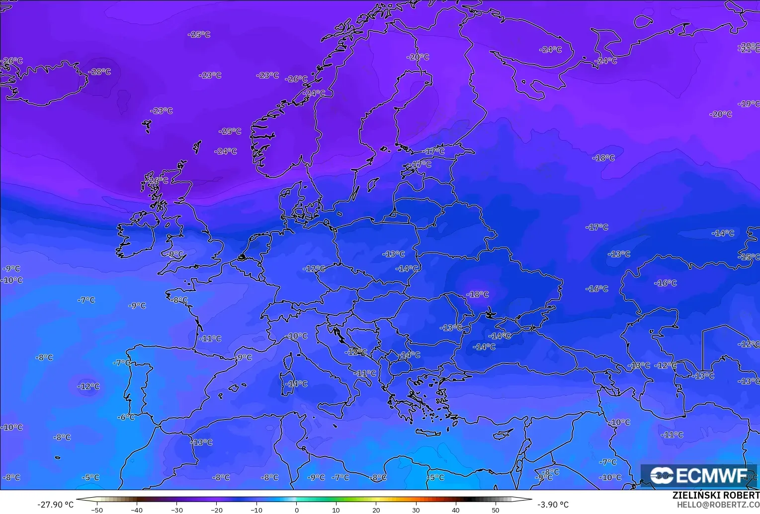 ECMWF IFS 0,25° modelo - Europa, Temperatura a 500 hPa