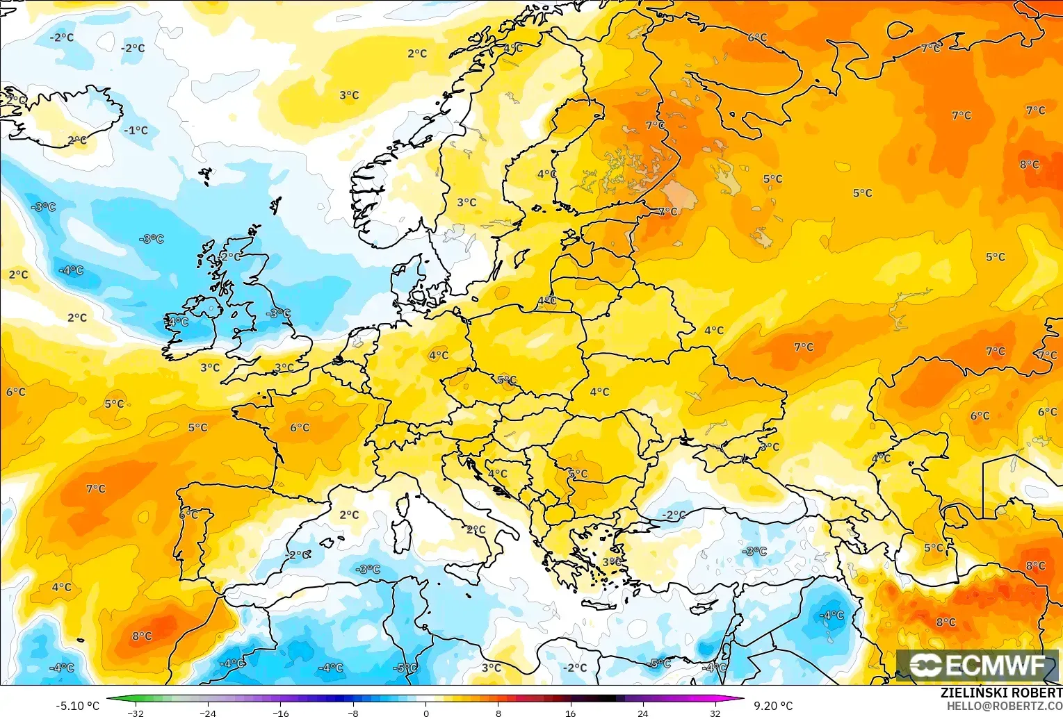 ECMWF IFS 0,25° modelo - Europa, Anomalia de temperatura a 850 hPa
