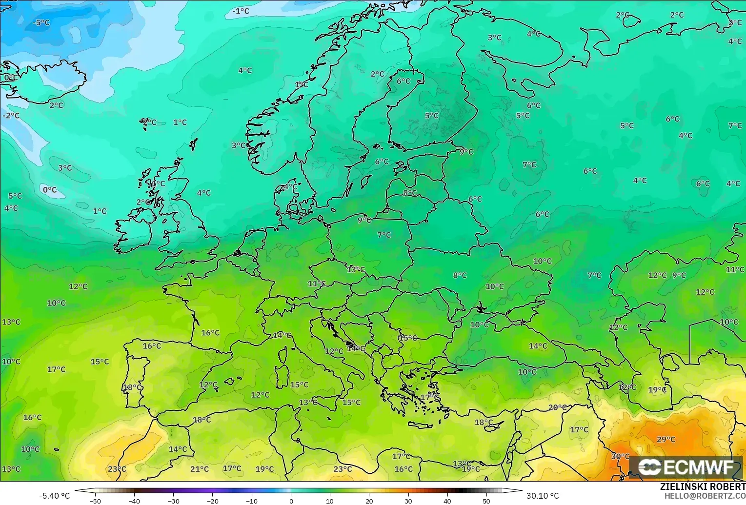 ECMWF IFS 0,25° modelo - Europa, Temperatura a 850 hPa