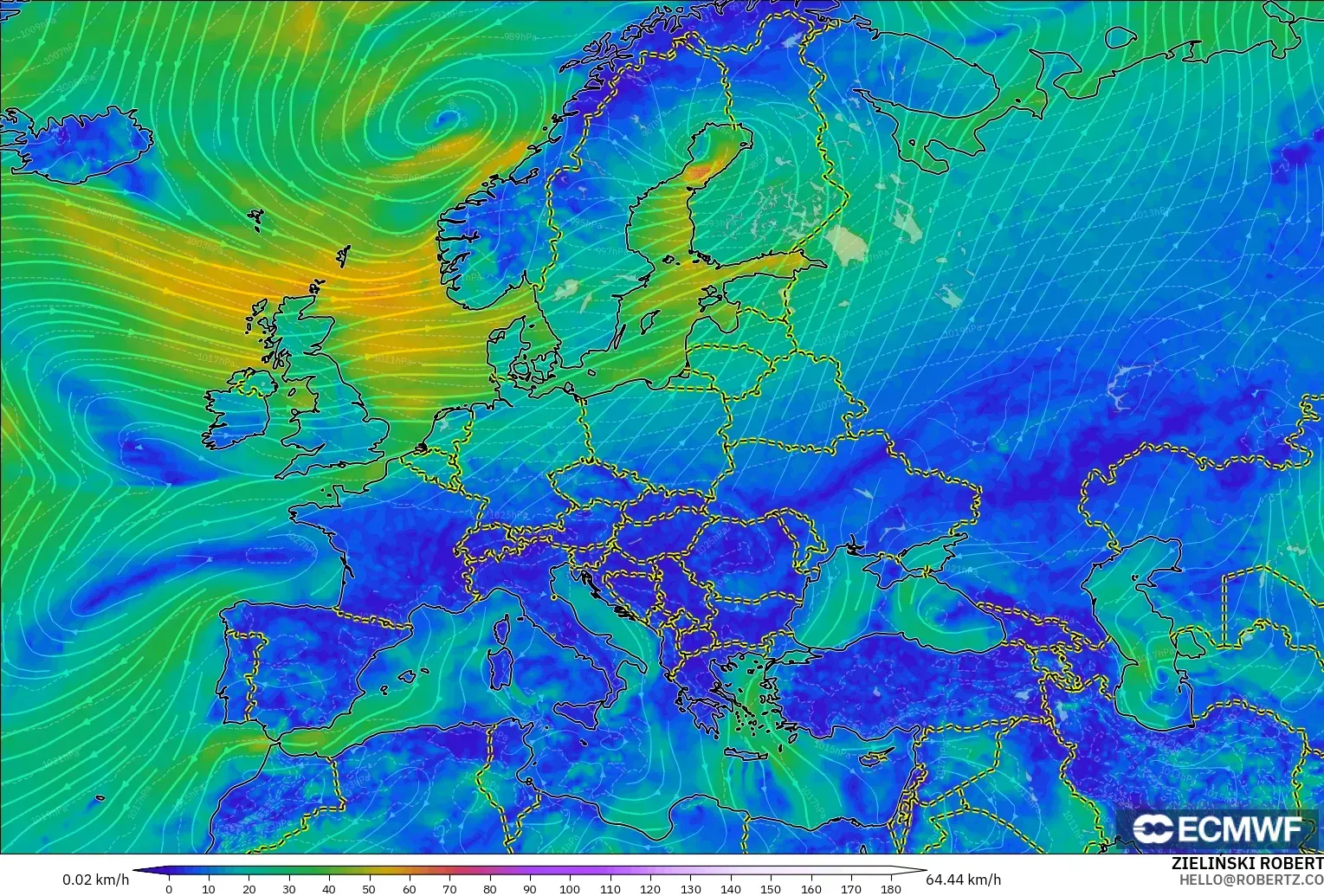 ECMWF IFS 0,25° modelo - Europa, Vento a 10 m