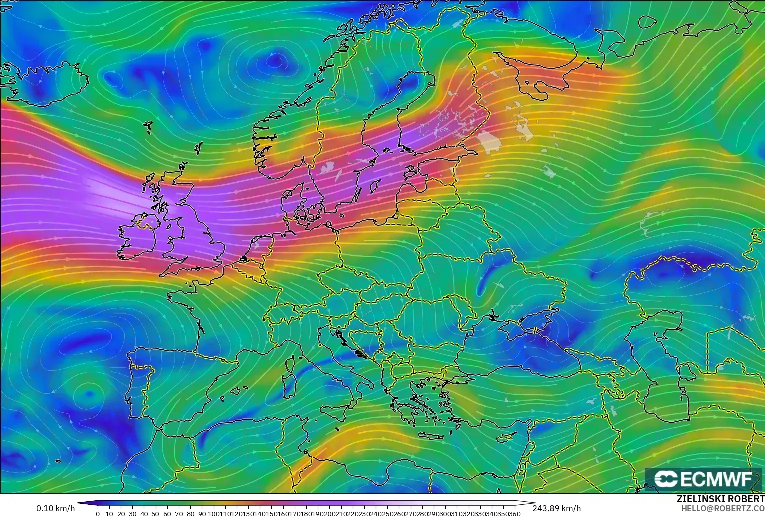 ECMWF IFS 0,25° modelo - Europa, Vento a 300 hPa (corrente em jato)