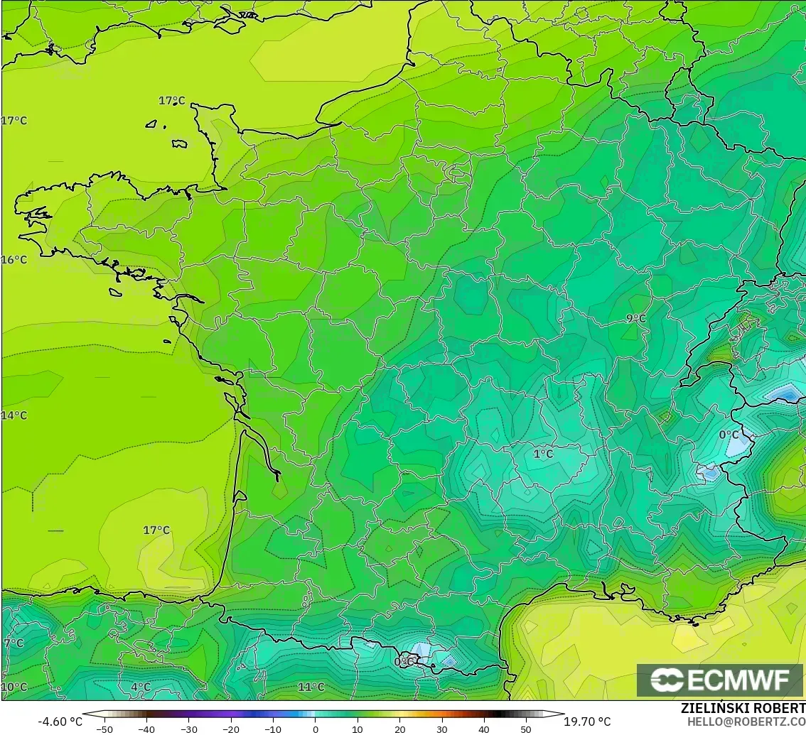 ECMWF IFS 0,25° modelo - França, Ponto de orvalho a 2 m