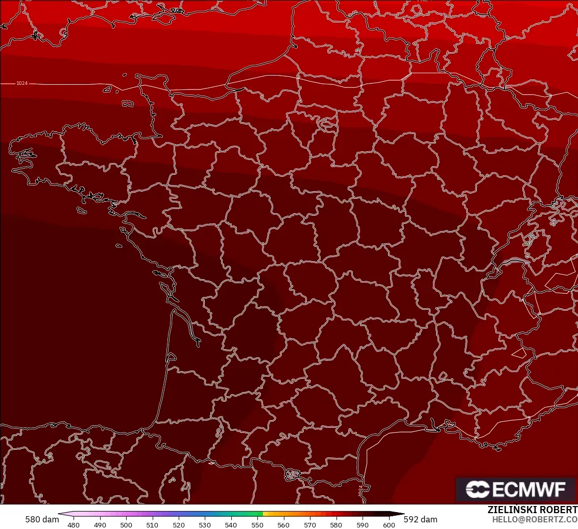 ECMWF IFS 0,25° modelo - França, Altura geopotencial a 500 hPa