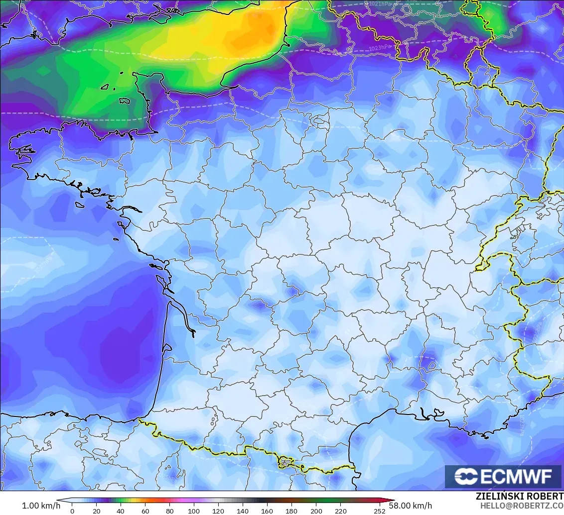 ECMWF IFS 0,25° modelo - França, Rajadas de Vento Máximas