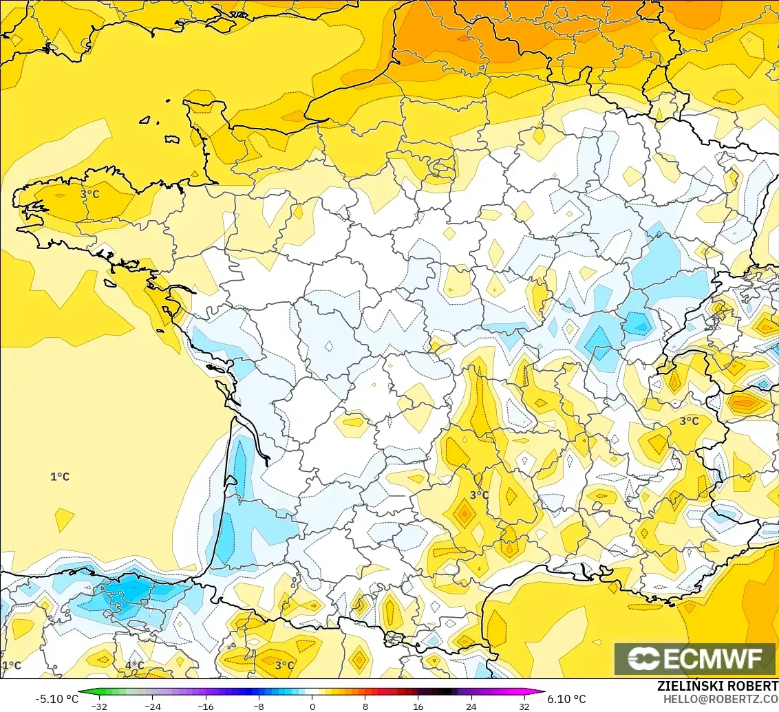 ECMWF IFS 0,25° modelo - França, Anomalia de temperatura a 2 m