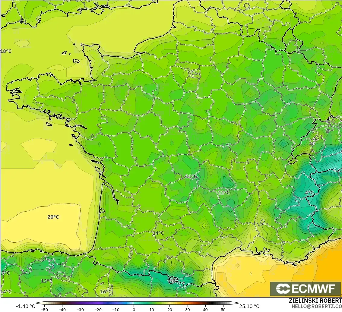ECMWF IFS 0,25° modelo - França, Temperatura a 2 m