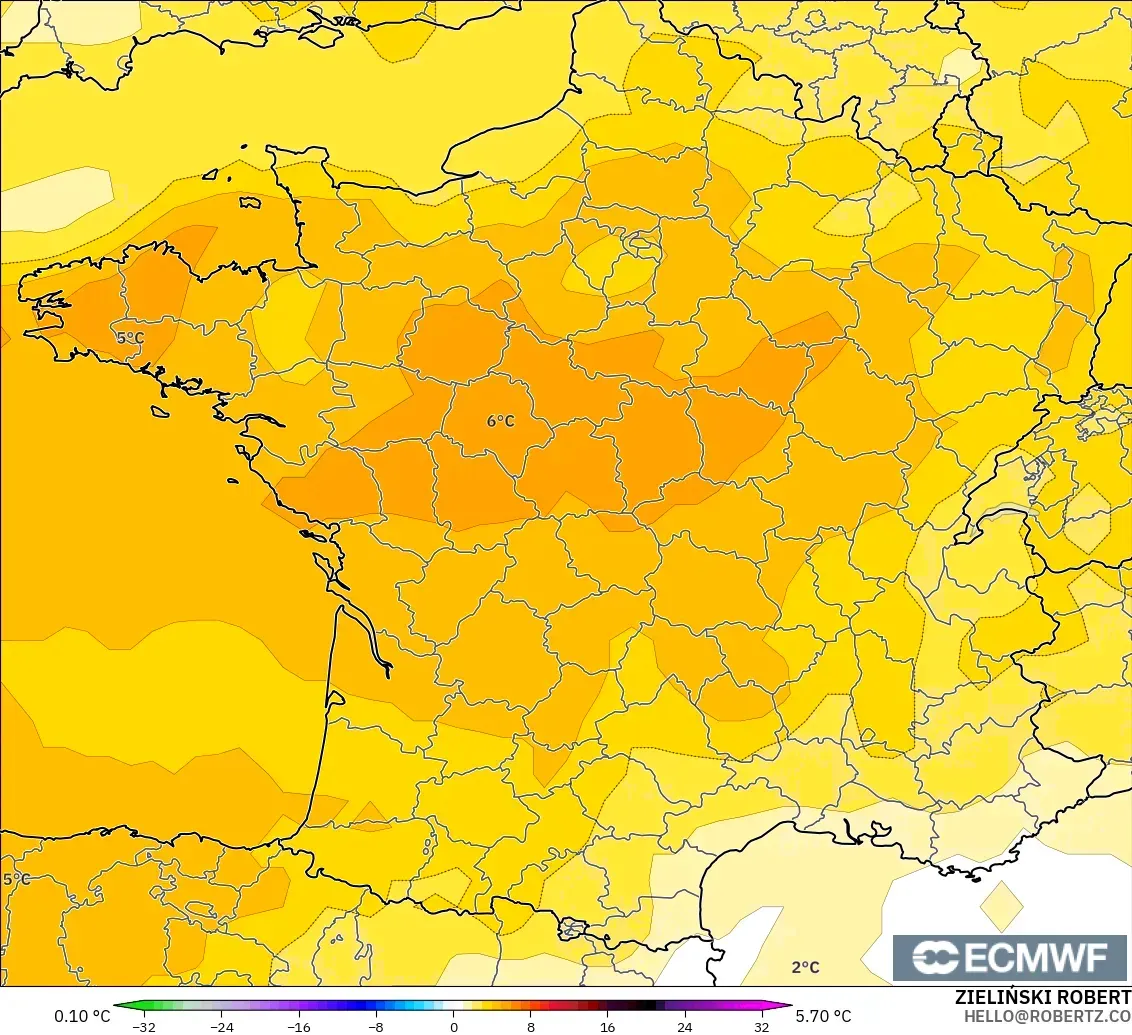 ECMWF IFS 0,25° modelo - França, Anomalia de temperatura a 850 hPa
