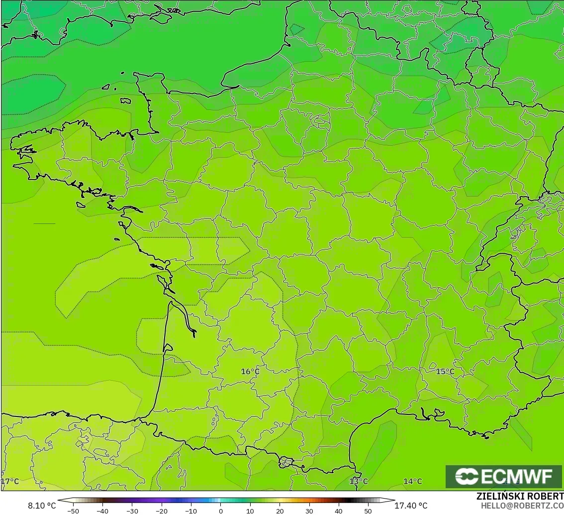 ECMWF IFS 0,25° modelo - França, Temperatura a 850 hPa