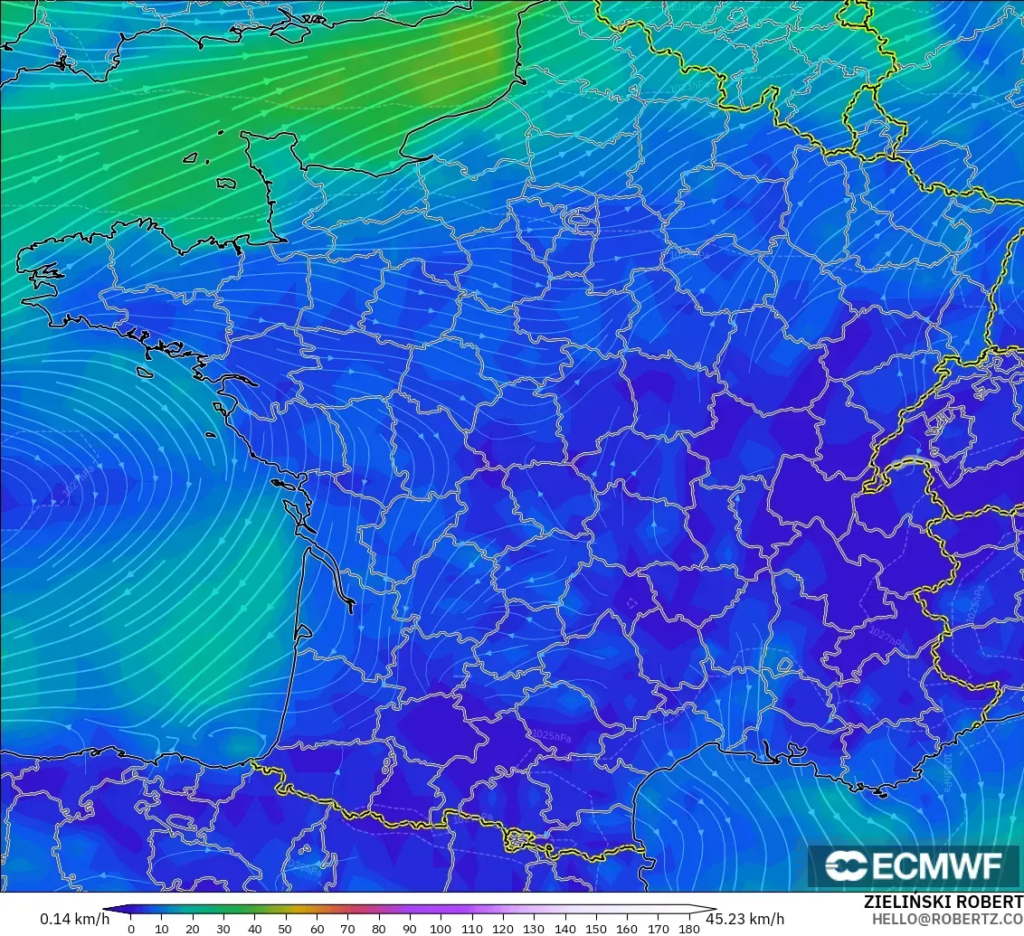 ECMWF IFS 0,25° modelo - França, Vento a 10 m