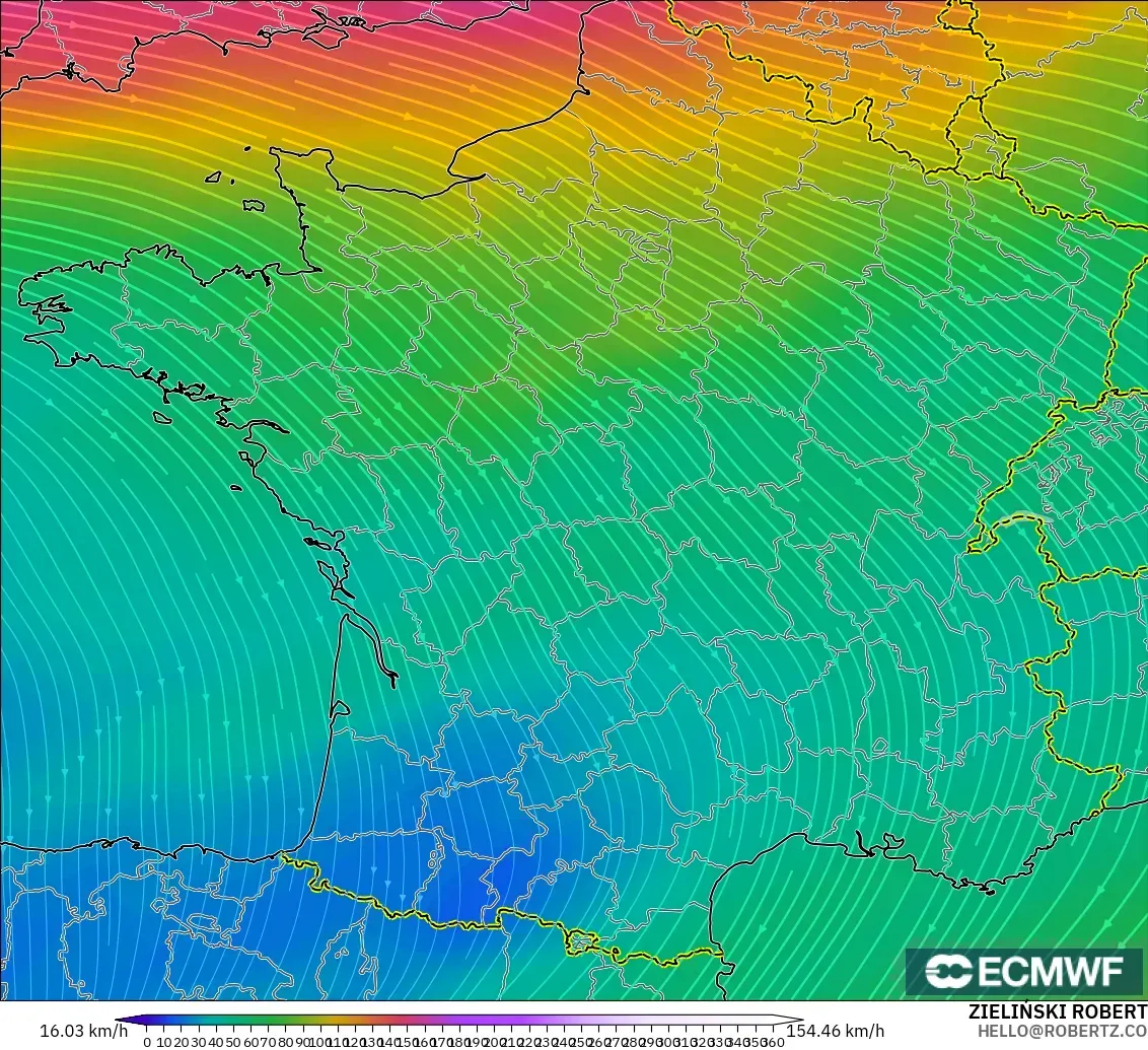 ECMWF IFS 0,25° modelo - França, Vento a 300 hPa (corrente em jato)
