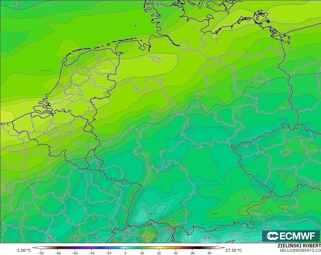 ECMWF IFS 0,25° modelo - Alemanha, Ponto de orvalho a 2 m