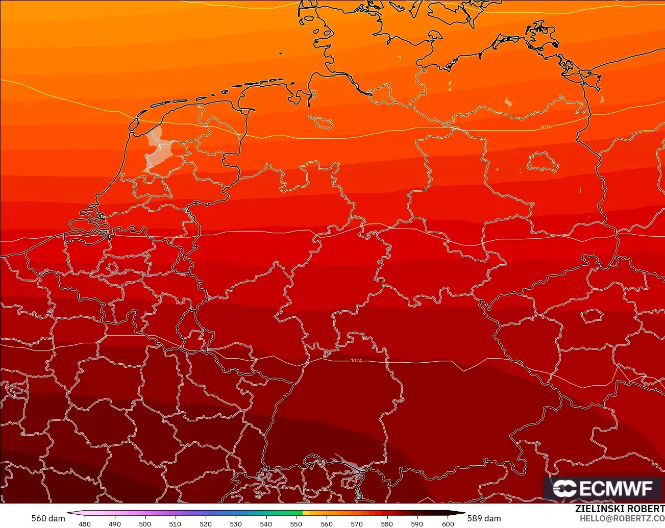 ECMWF IFS 0,25° modelo - Alemanha, Altura geopotencial a 500 hPa