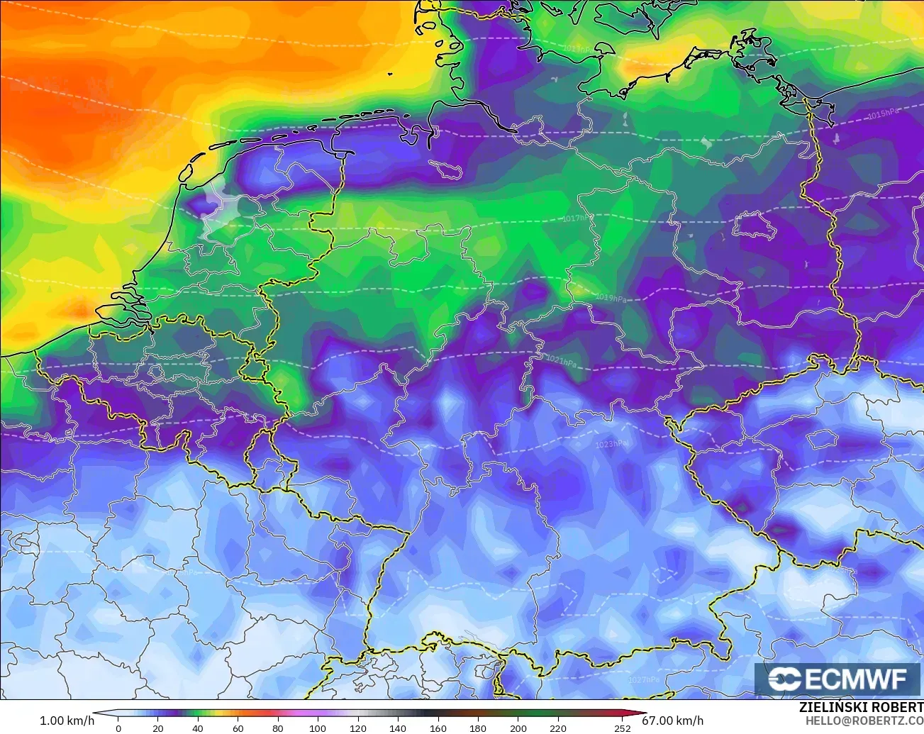 ECMWF IFS 0,25° modelo - Alemanha, Rajadas de Vento Máximas