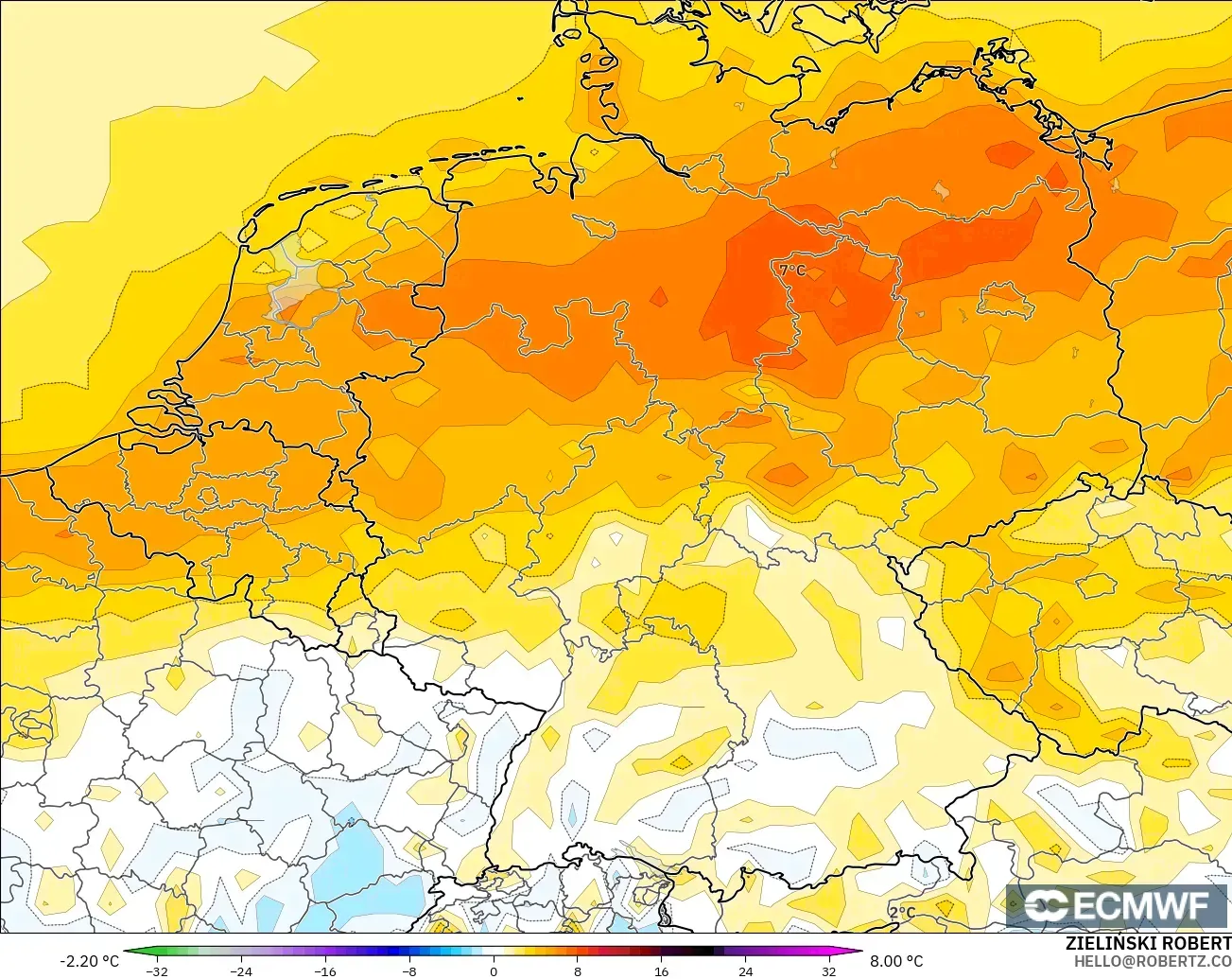 ECMWF IFS 0,25° modelo - Alemanha, Anomalia de temperatura a 2 m