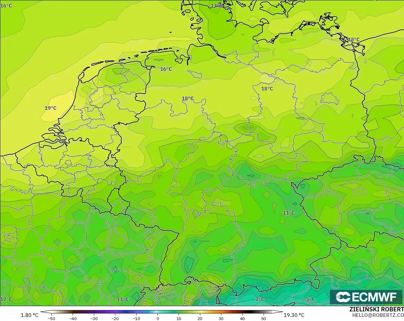 ECMWF IFS 0,25° modelo - Alemanha, Temperatura a 2 m