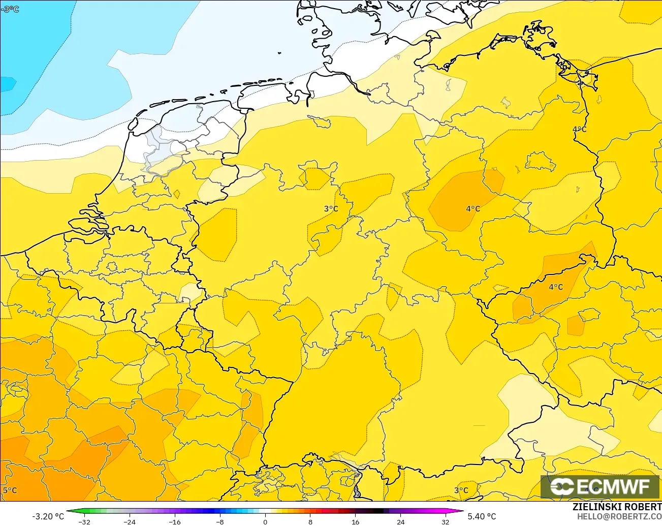 ECMWF IFS 0,25° modelo - Alemanha, Anomalia de temperatura a 850 hPa