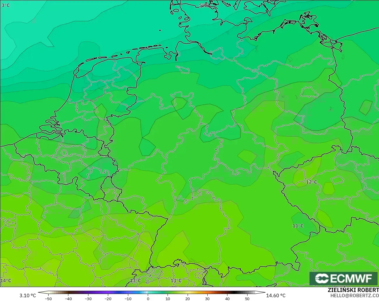 ECMWF IFS 0,25° modelo - Alemanha, Temperatura a 850 hPa