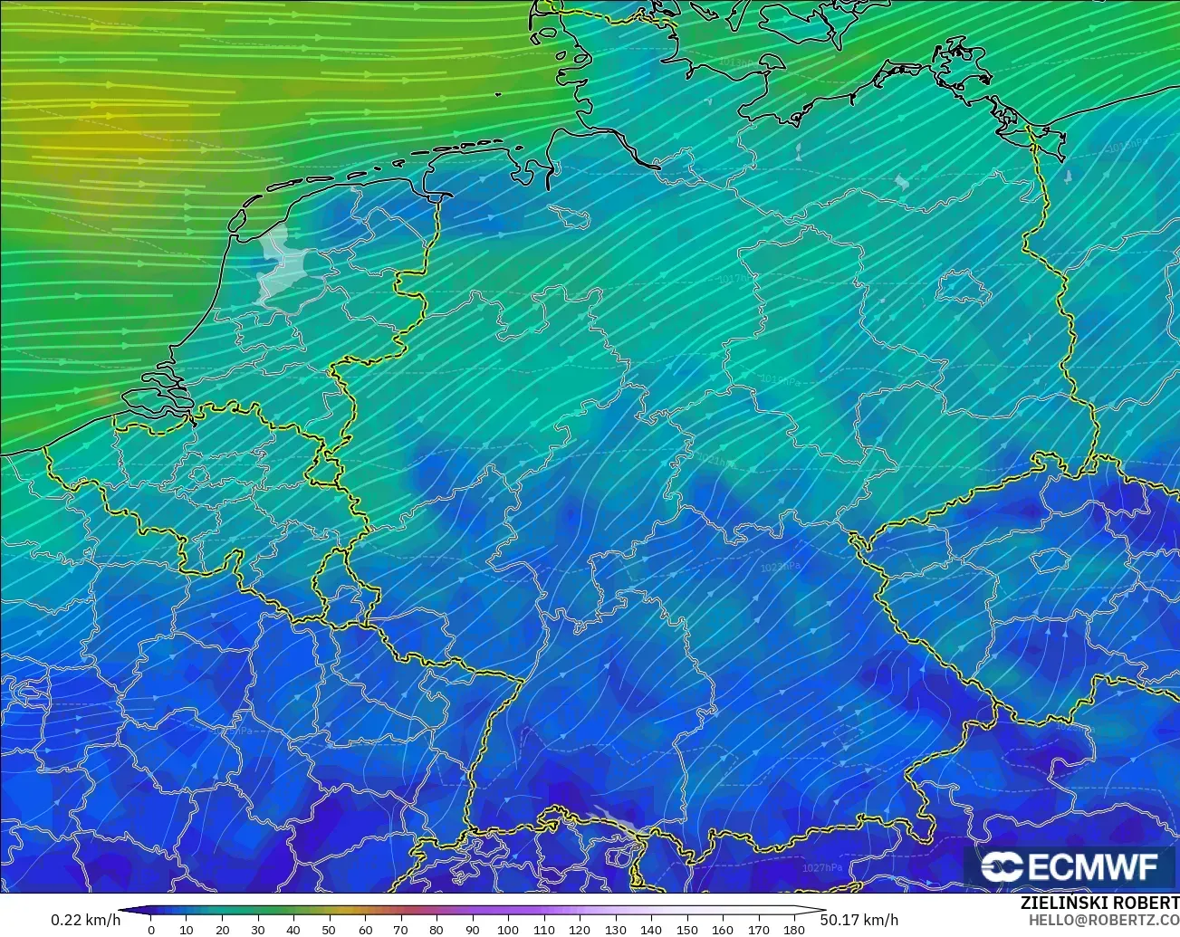ECMWF IFS 0,25° modelo - Alemanha, Vento a 10 m