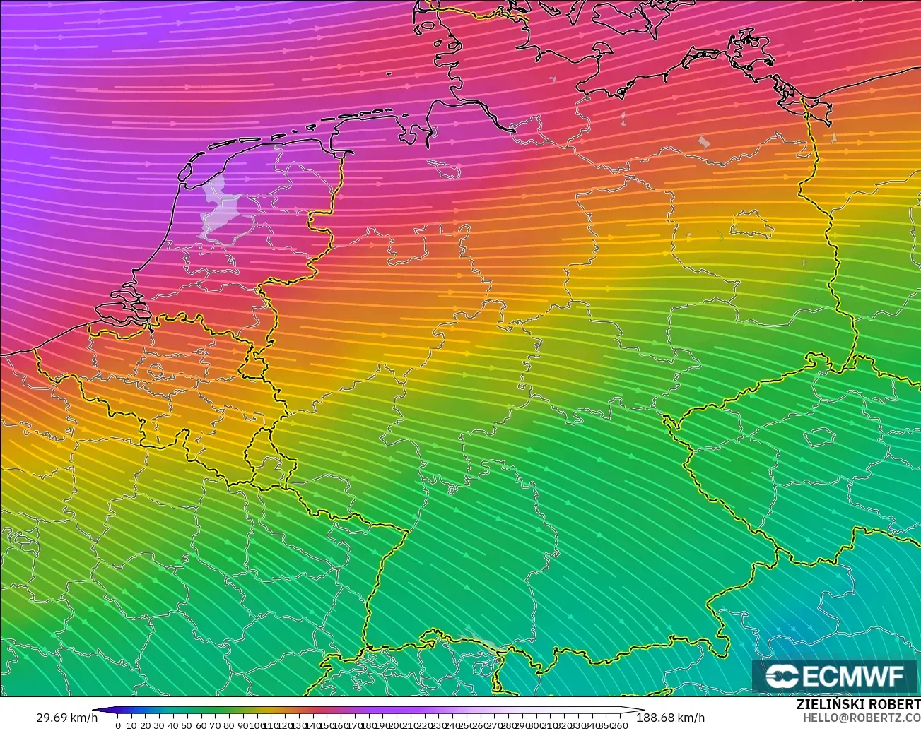ECMWF IFS 0,25° modelo - Alemanha, Vento a 300 hPa (corrente em jato)