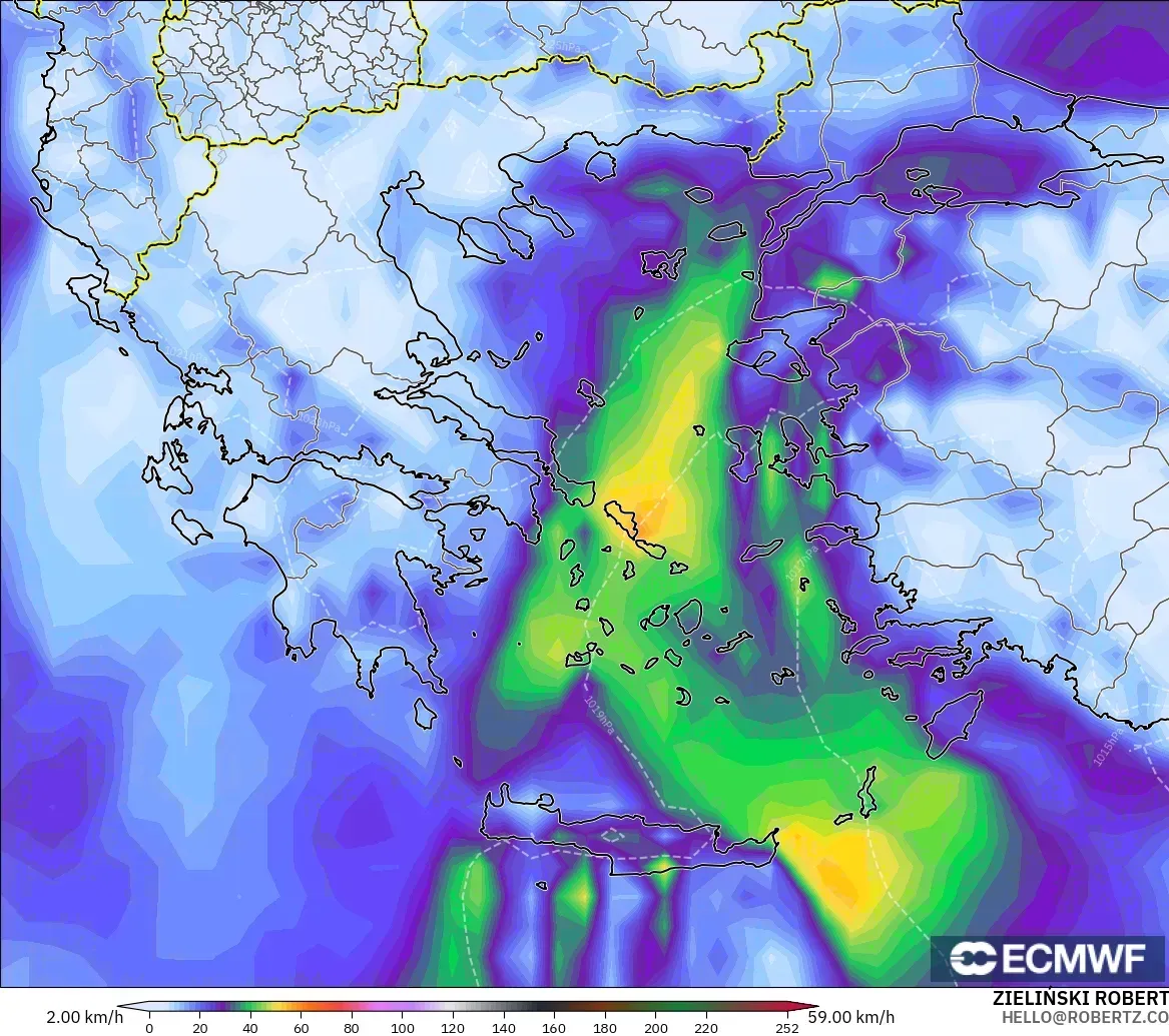 ECMWF IFS 0,25° modelo - Grécia, Rajadas de Vento Máximas